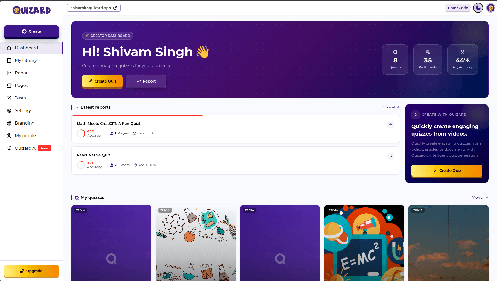Quizard platform screenshot